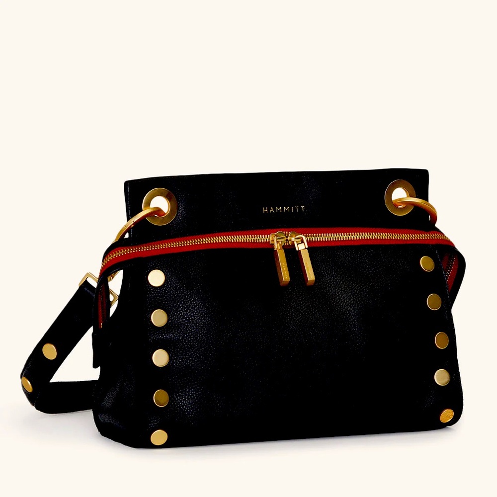 Hammitt Tony Signature Medium Black/Brushed Gold Red Zip